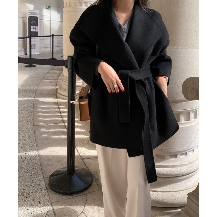 ブラック | 襟付きベルト付きメルトンジャケット | Ulysses