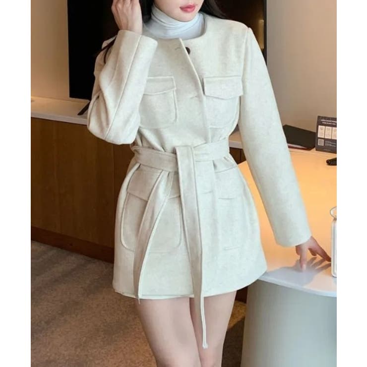 オフホワイト | ノーカラーベルト付きメルトンジャケット | Ulysses