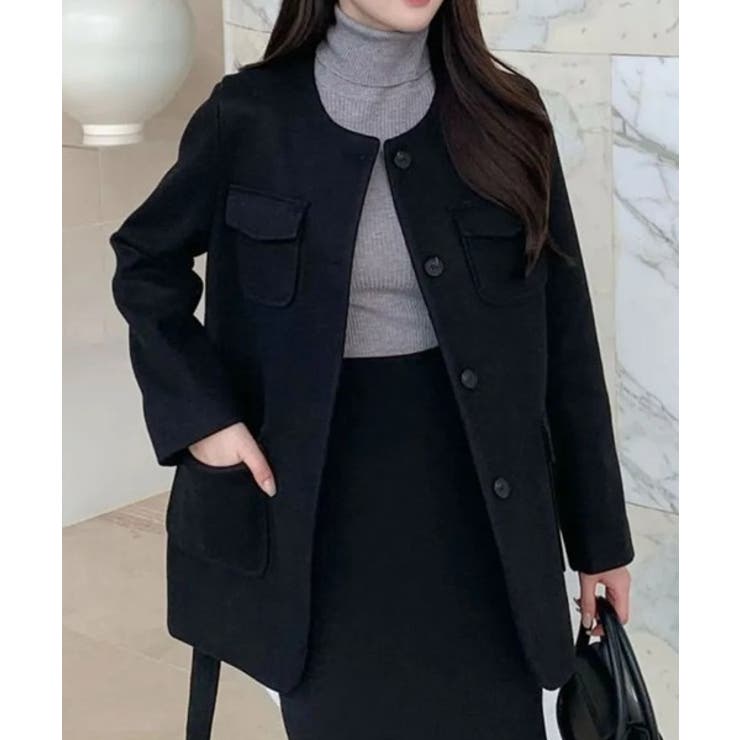 ブラック | ノーカラーベルト付きメルトンジャケット | Ulysses