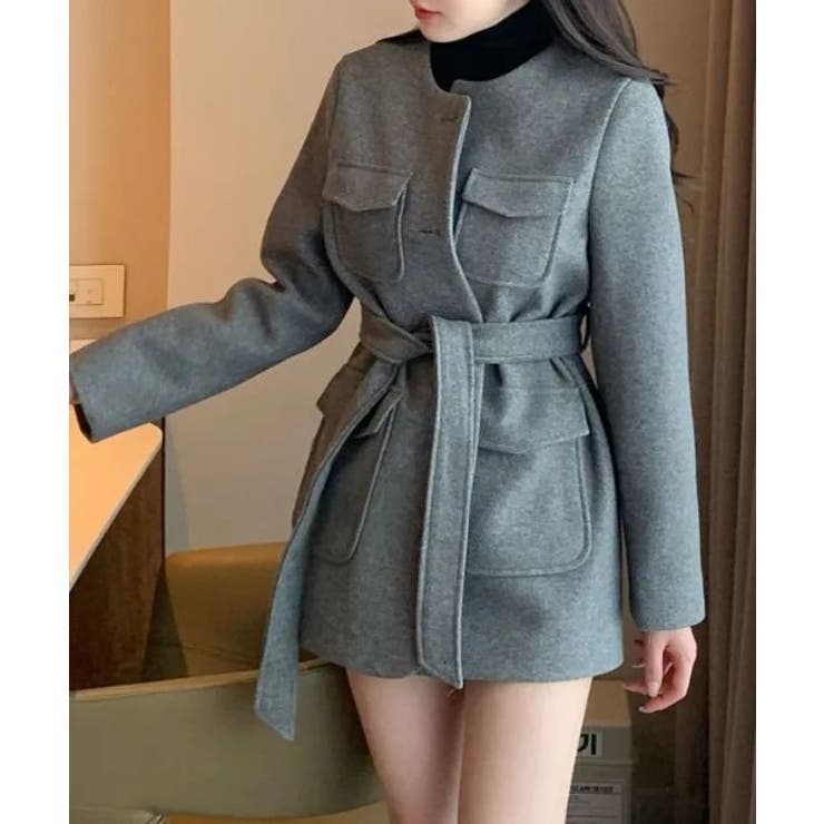 グレー | ノーカラーベルト付きメルトンジャケット | Ulysses