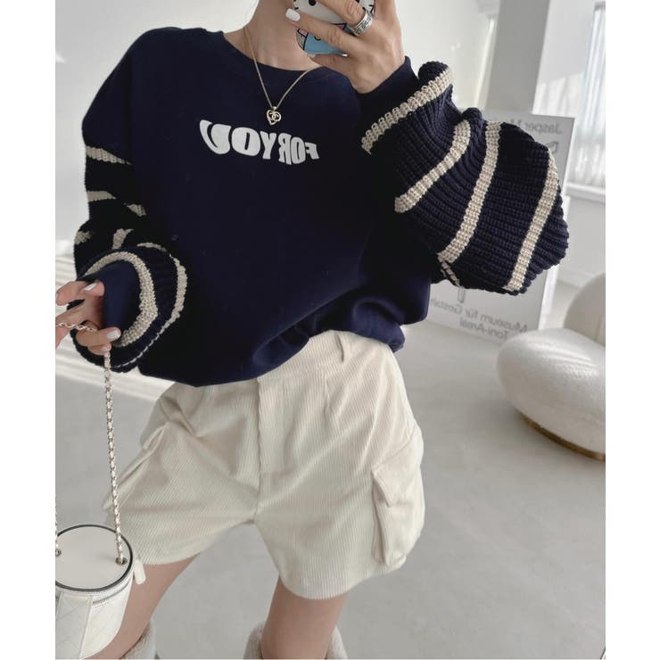 ネイビー | クルーネック切り替え長袖トップス | Ulysses