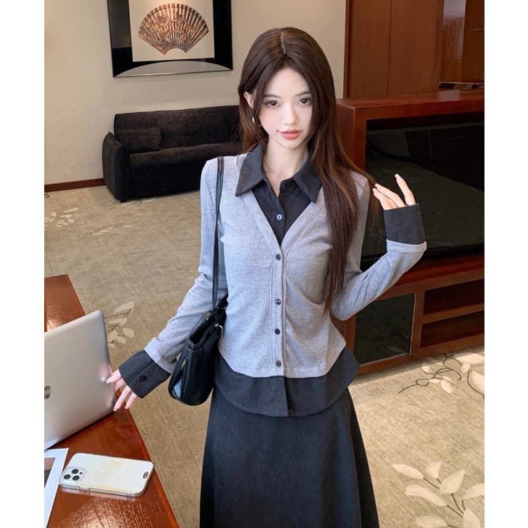 フェイクレイヤードボタンで長袖トップス+スカート | Ulysses | 詳細画像1 