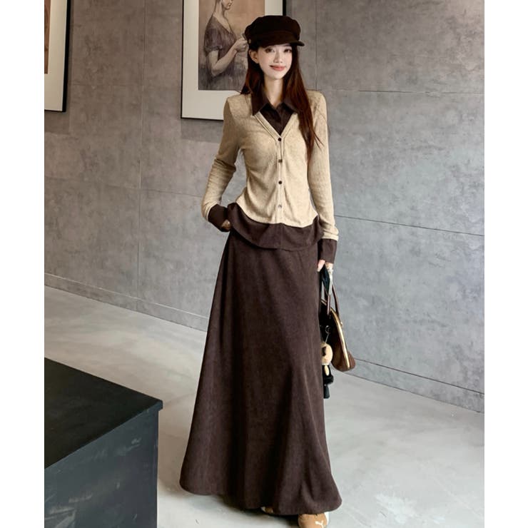 ブラウン | フェイクレイヤードボタンで長袖トップス+スカート | Ulysses