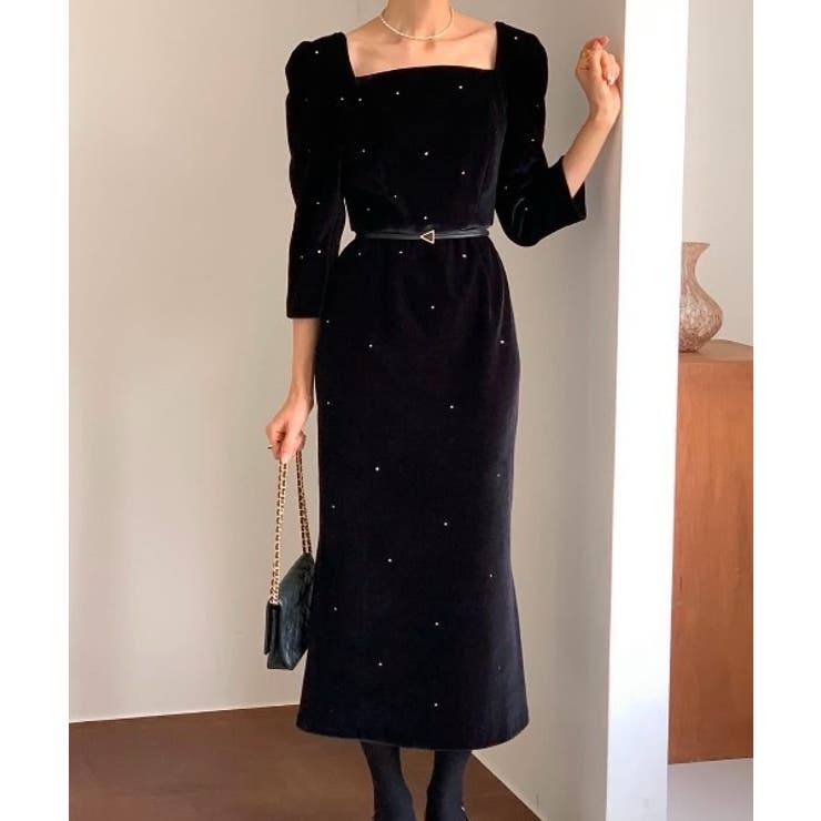 ブラック | ベルト付きUネックパフスリーブワンピース | Ulysses