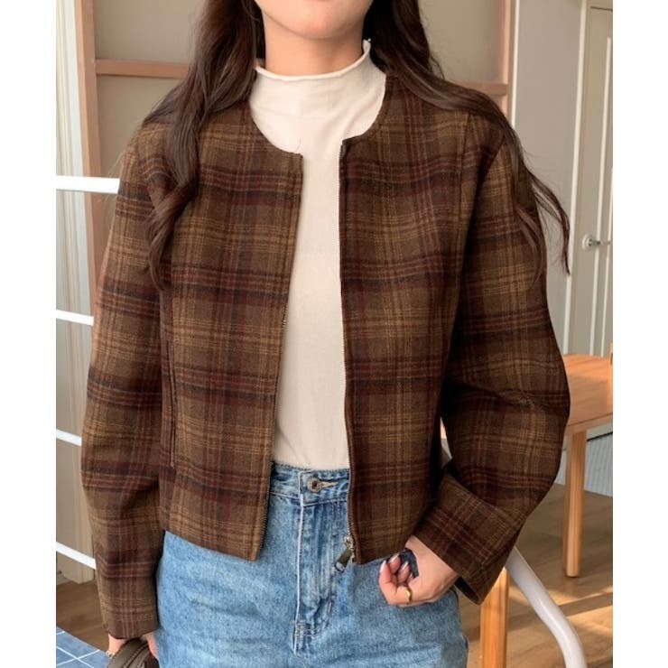 ブラウン | ジップスクルーネックチェック柄ジャケット | Ulysses