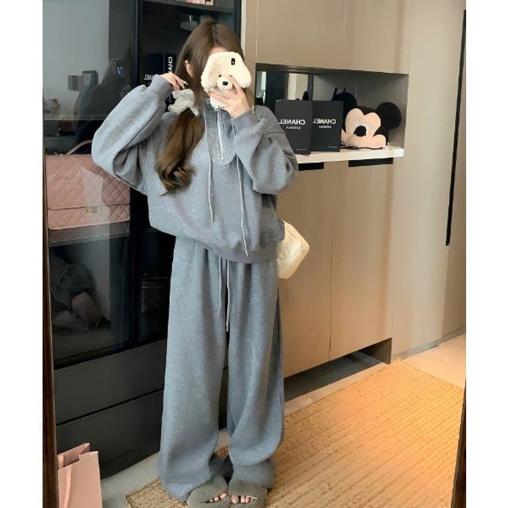 グレー | スタンドカラー長袖トップス+ワイドパンツ | Ulysses