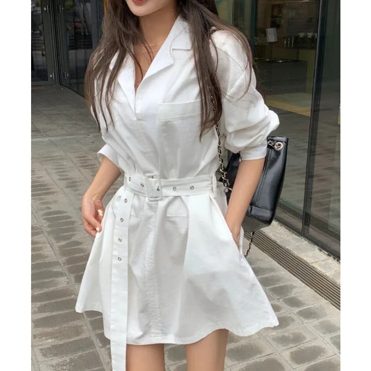 ホワイト | ボタンダウンベルト付き長袖トップス | Ulysses