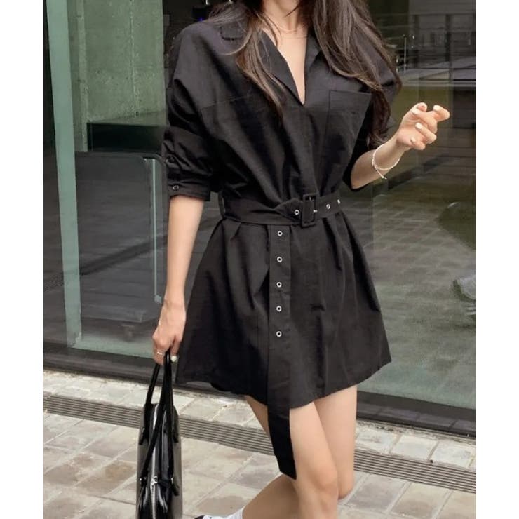 ブラック | ボタンダウンベルト付き長袖トップス | Ulysses