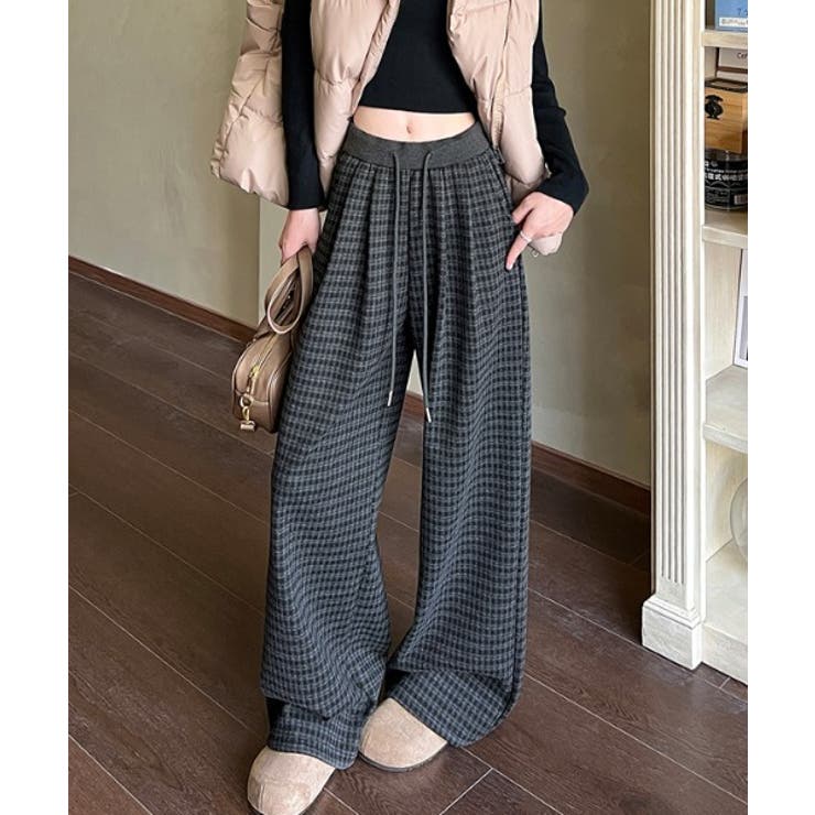 ブラック | ポケットチェック柄ワイドパンツ | Ulysses