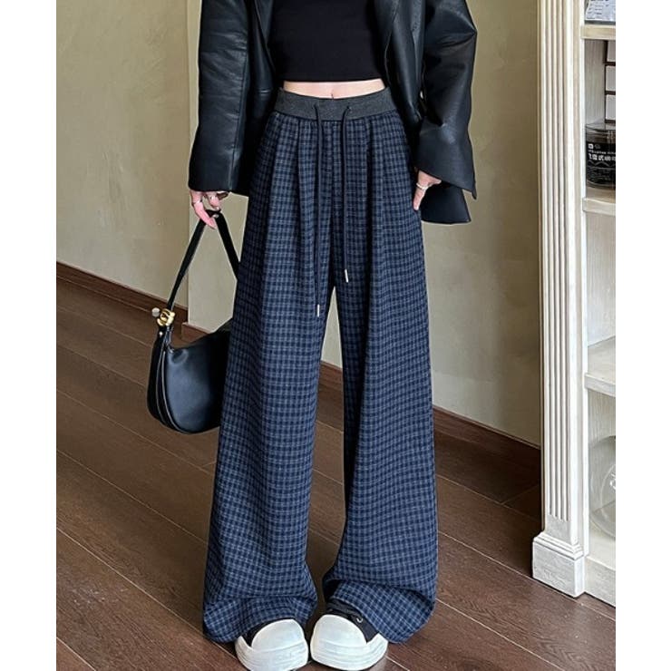 ネイビー | ポケットチェック柄ワイドパンツ | Ulysses