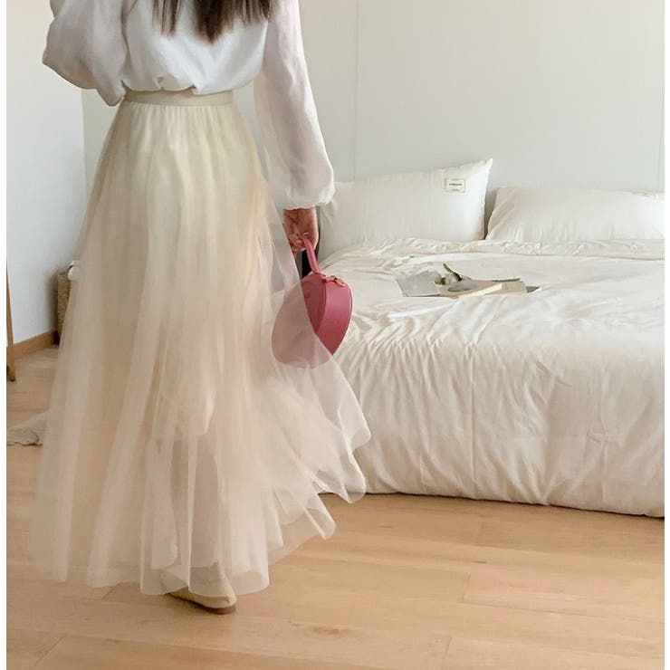 ハイウエストひもがある無地チュールロングスカート | Ulysses | 詳細画像1 