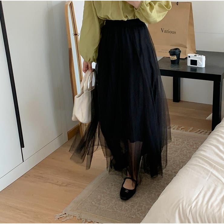 ブラック | ハイウエストひもがある無地チュールロングスカート | Ulysses
