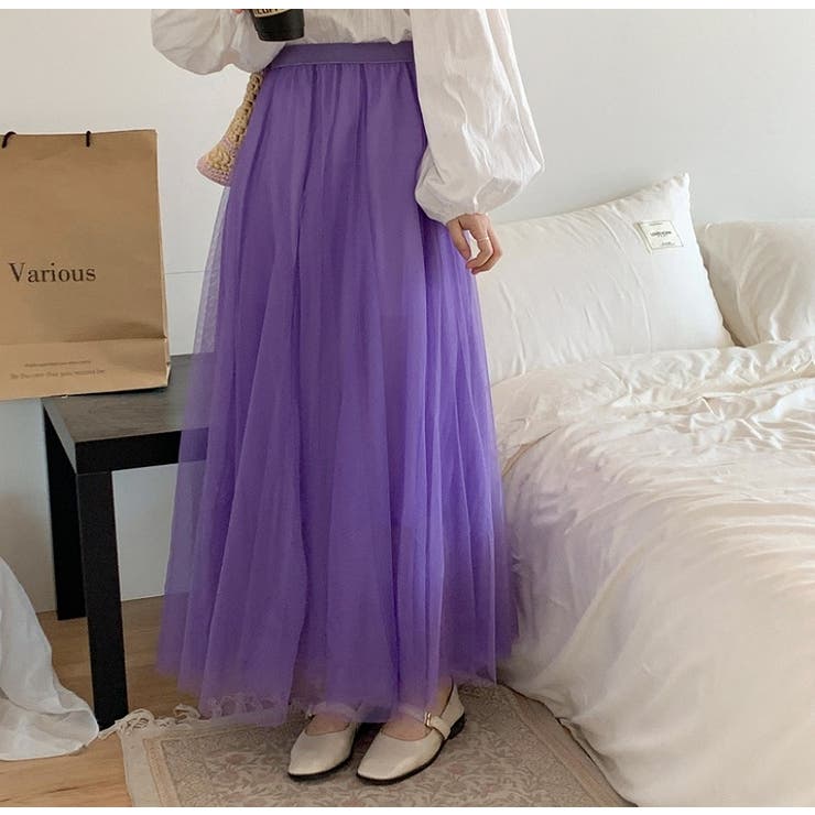 パープル | ハイウエストひもがある無地チュールロングスカート | Ulysses