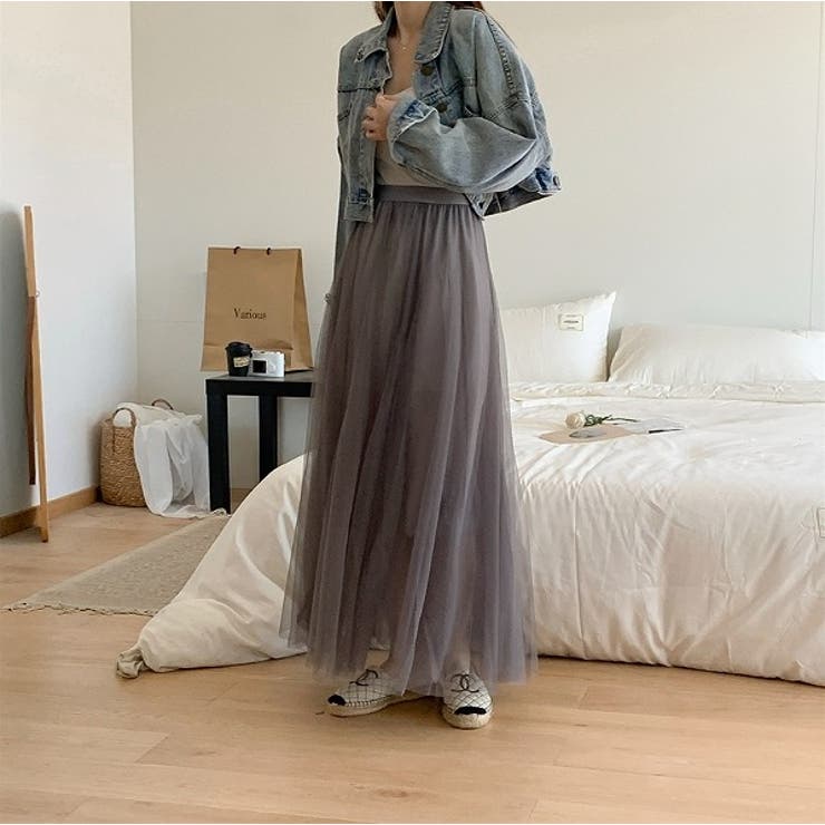 グレー | ハイウエストひもがある無地チュールロングスカート | Ulysses