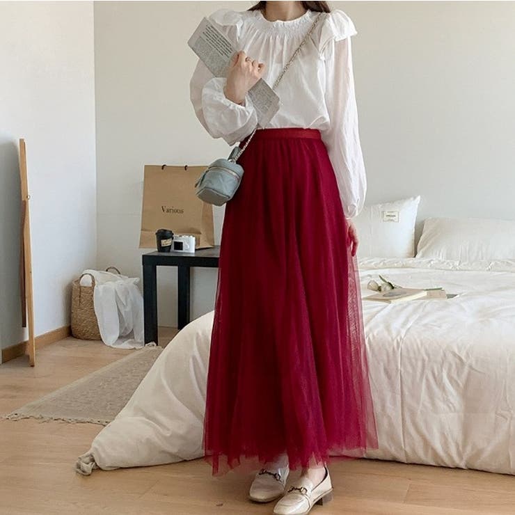 ダークレッド | ハイウエストひもがある無地チュールロングスカート | Ulysses