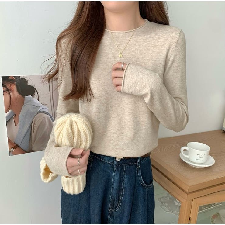 ベージュ | クルーネック無地長袖ニットトップス | Ulysses