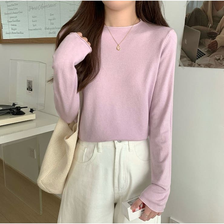 ライトパープル | クルーネック無地長袖ニットトップス | Ulysses