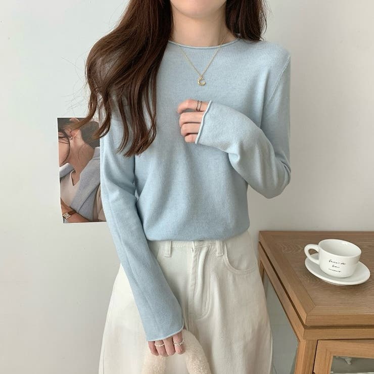 ライトブルー | クルーネック無地長袖ニットトップス | Ulysses