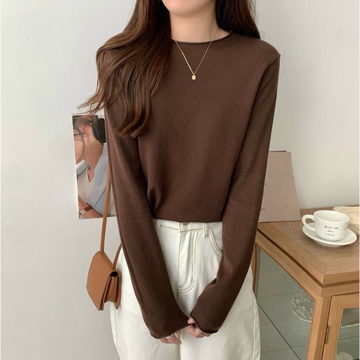 ダークブラウン | クルーネック無地長袖ニットトップス | Ulysses