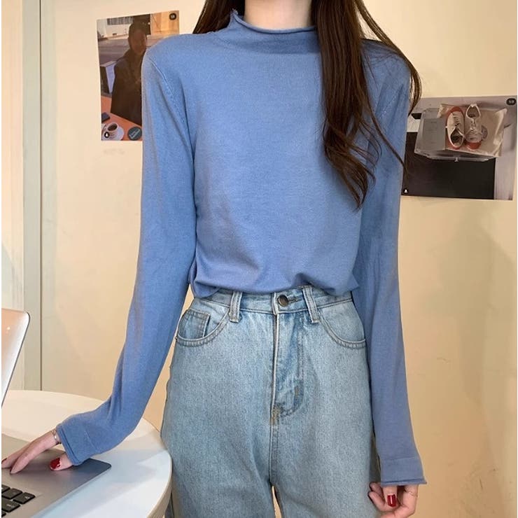 ダークブルー | クルーネック無地長袖ニットトップス | Ulysses