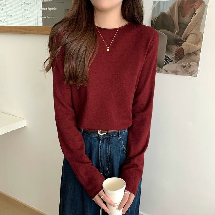 レッド | クルーネック無地長袖ニットトップス | Ulysses