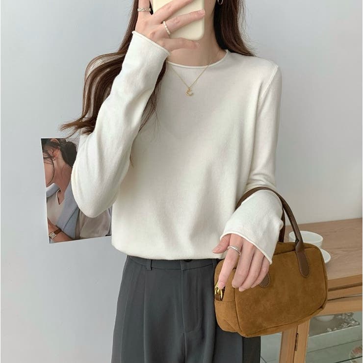 オフホワイト | クルーネック無地長袖ニットトップス | Ulysses