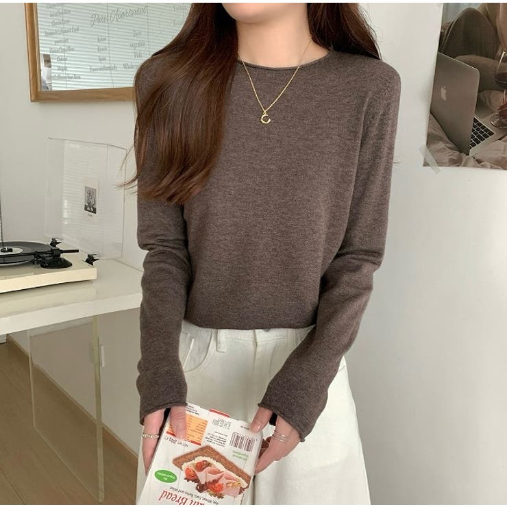 ブラウン | クルーネック無地長袖ニットトップス | Ulysses