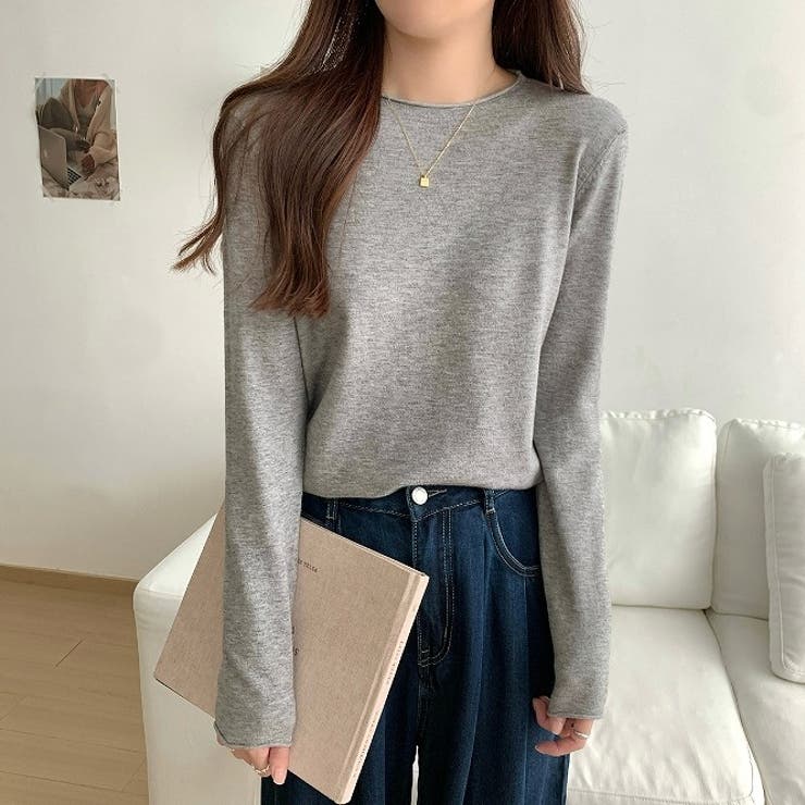 ダークグレー | クルーネック無地長袖ニットトップス | Ulysses