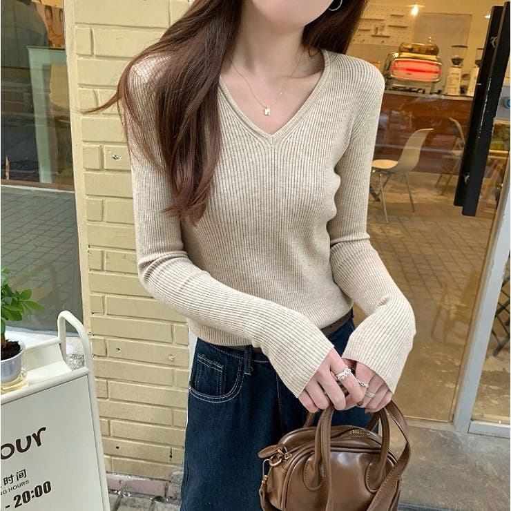 Vネック無地長袖ニットトップス | Ulysses | 詳細画像1 