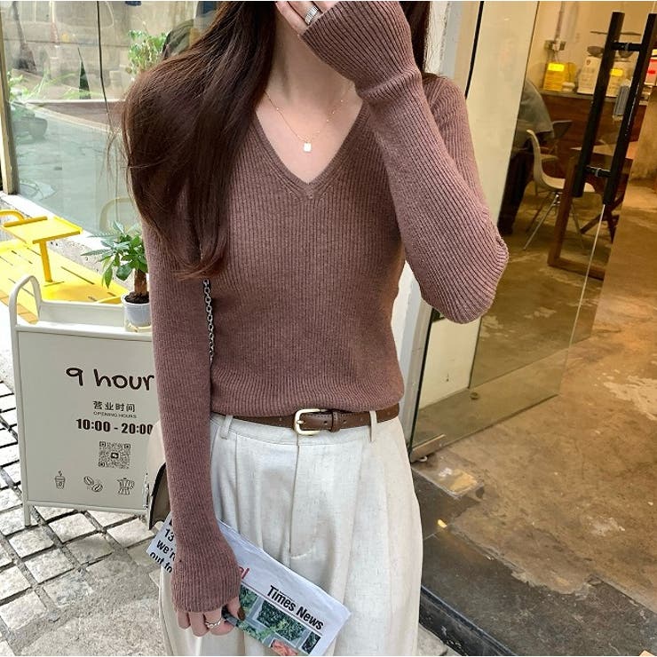ブラウン | Vネック無地長袖ニットトップス | Ulysses