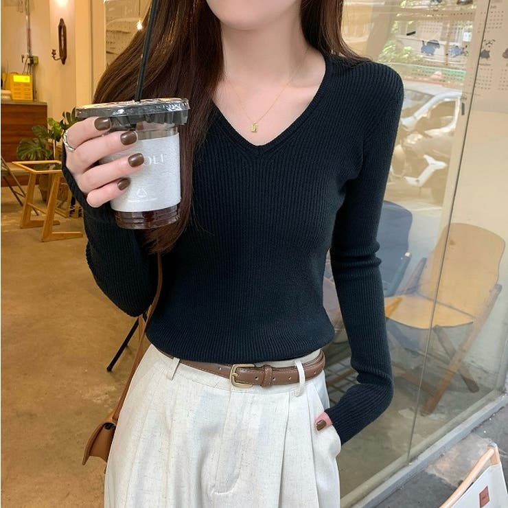 ブラック | Vネック無地長袖ニットトップス | Ulysses