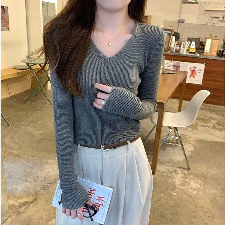 グレー | Vネック無地長袖ニットトップス | Ulysses