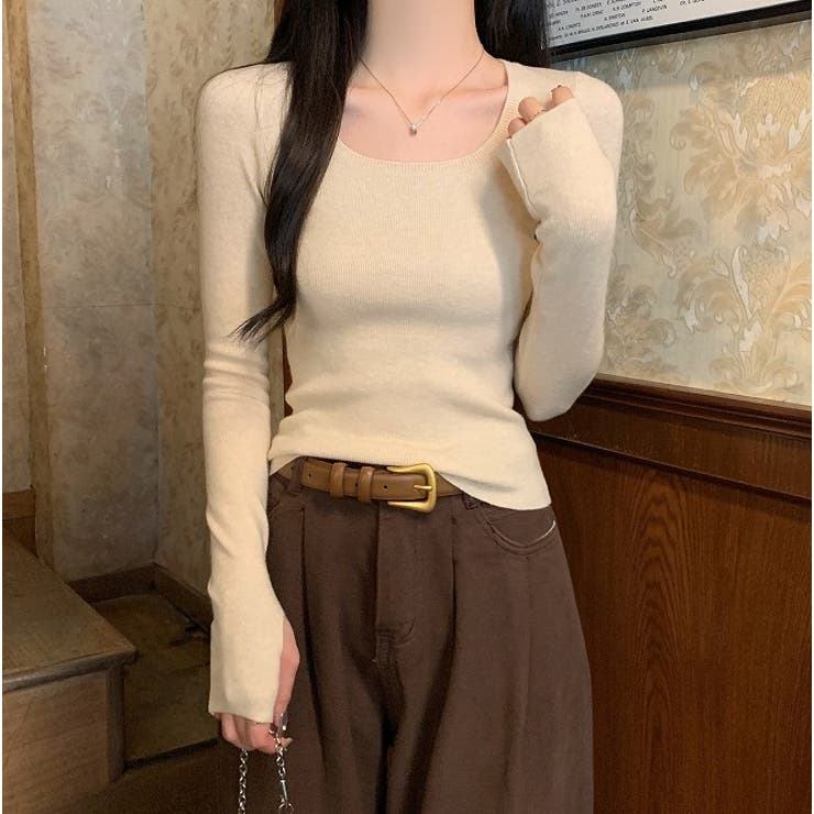 ベージュ | スクエアネックライン無地長袖ニットトップス | Ulysses