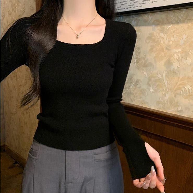 ブラック | スクエアネックライン無地長袖ニットトップス | Ulysses