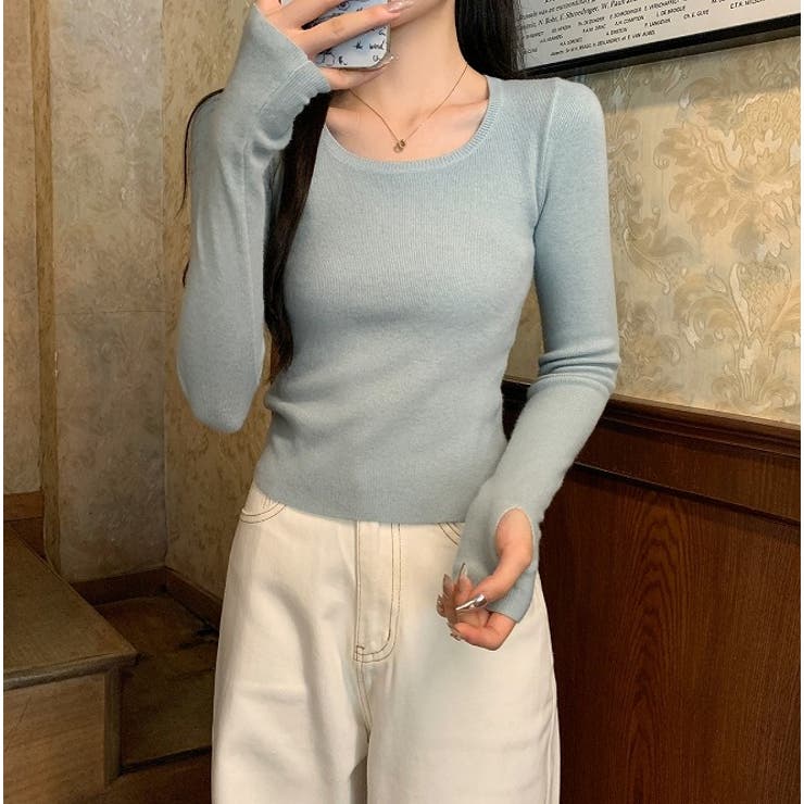 ブルー | スクエアネックライン無地長袖ニットトップス | Ulysses