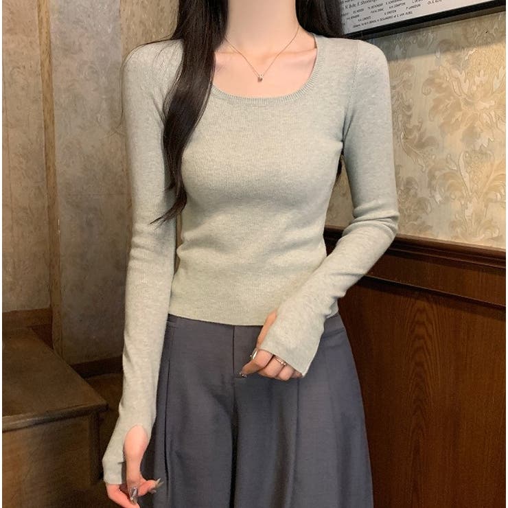 ライトグレー | スクエアネックライン無地長袖ニットトップス | Ulysses