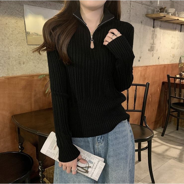 襟付きチャック付き無地長袖ニットトップス[品番：NTRW0008910