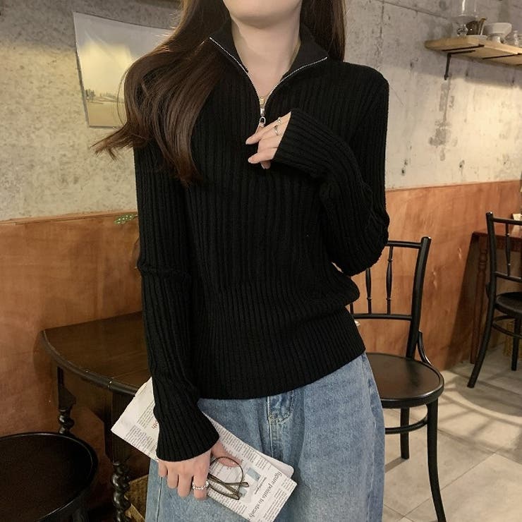 襟付きチャック付き無地長袖ニットトップス[品番：NTRW0008910