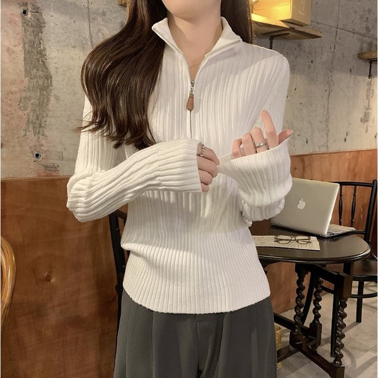 襟付きチャック付き無地長袖ニットトップス[品番：NTRW0008910