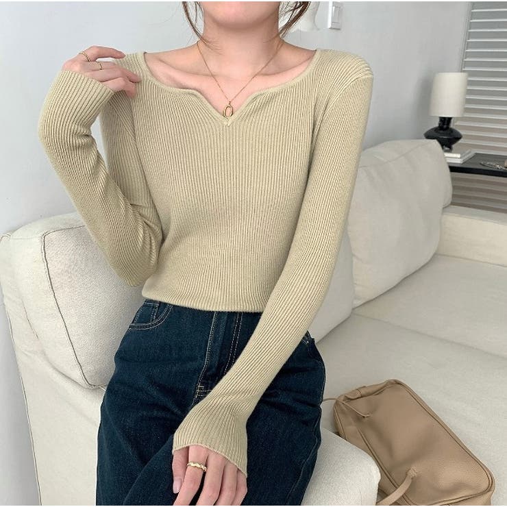 モカ | Vネック無地ニットトップス | Ulysses