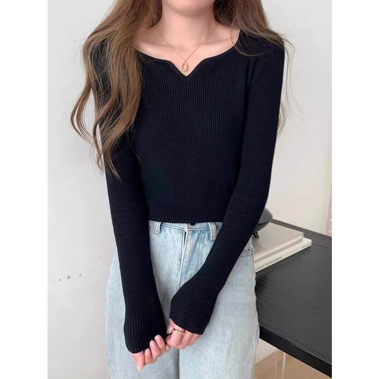 ブラック | Vネック無地ニットトップス | Ulysses