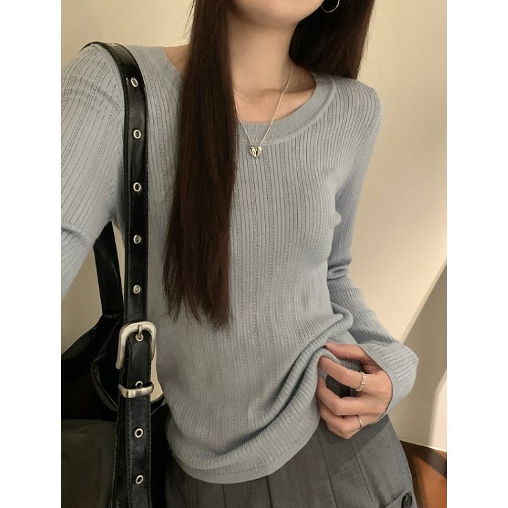 グレー | シンプルクルーネック無地ニットトップス | Ulysses