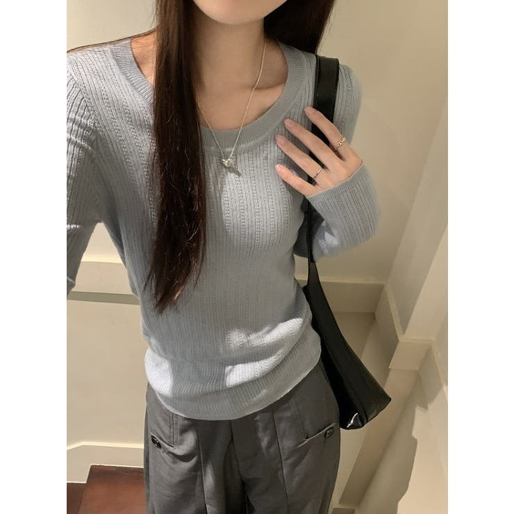 ブルー | シンプルクルーネック無地ニットトップス | Ulysses