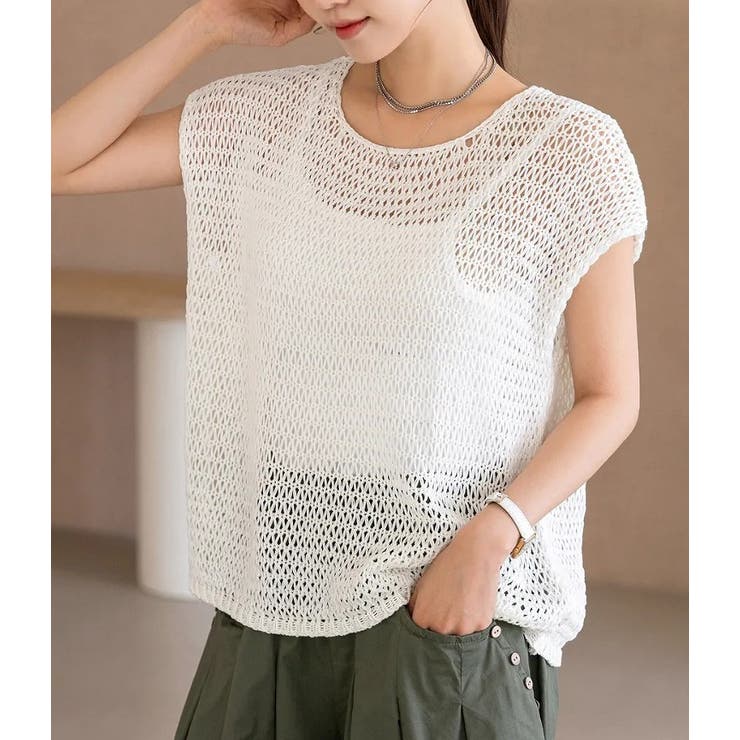 シンプルクルーネック半袖無地透かし編みニットトップス | Ulysses | 詳細画像1 