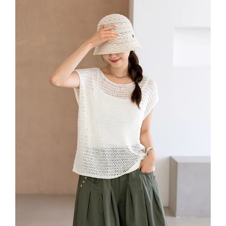 シンプルクルーネック半袖無地透かし編みニットトップス | Ulysses | 詳細画像2 