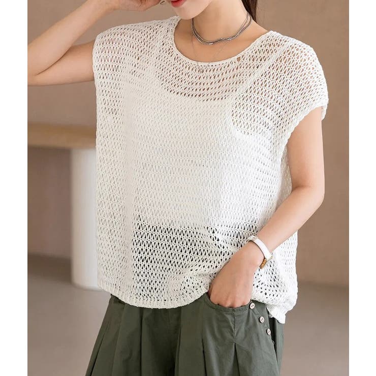 ホワイト | シンプルクルーネック半袖無地透かし編みニットトップス | Ulysses