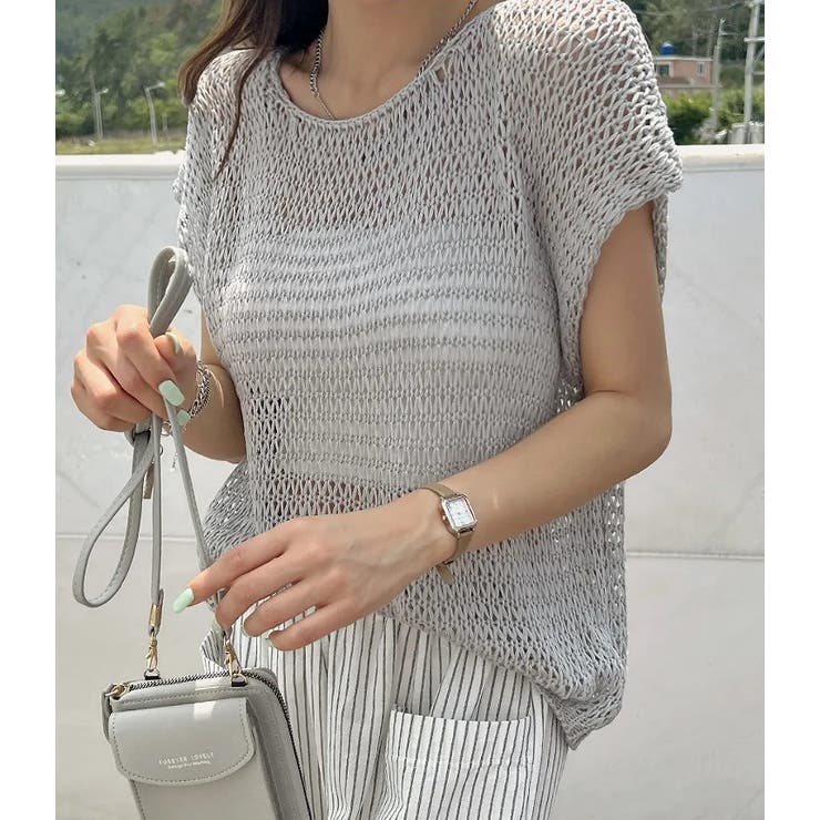 グレー | シンプルクルーネック半袖無地透かし編みニットトップス | Ulysses