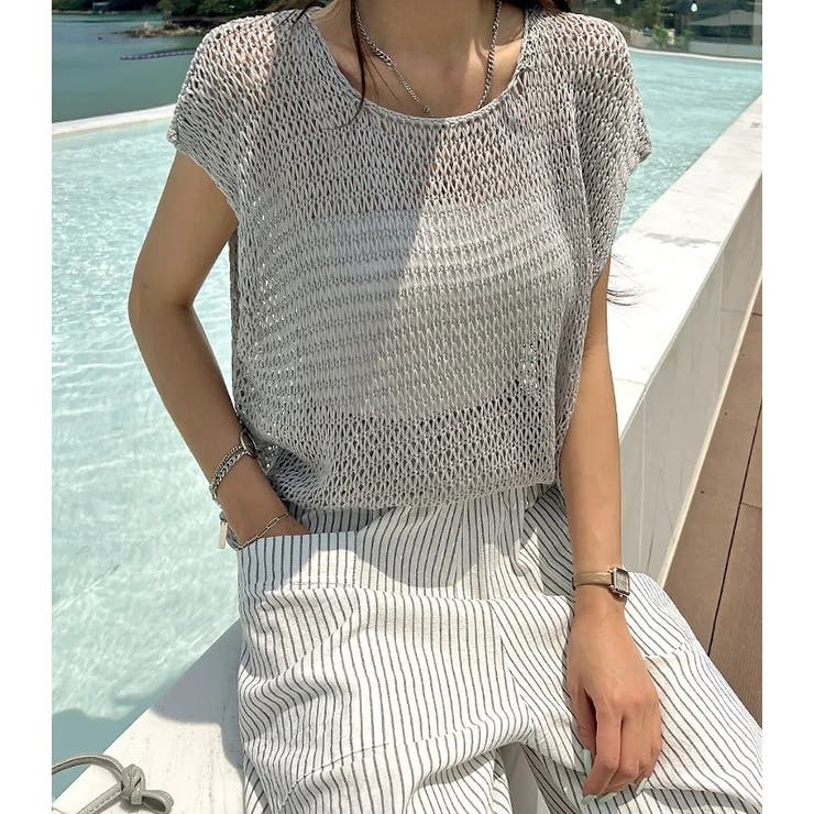 シンプルクルーネック半袖無地透かし編みニットトップス | Ulysses | 詳細画像3 