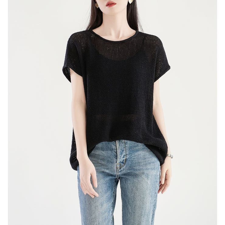 ブラック | シンプルクルーネック半袖無地透かし編みニットトップス | Ulysses