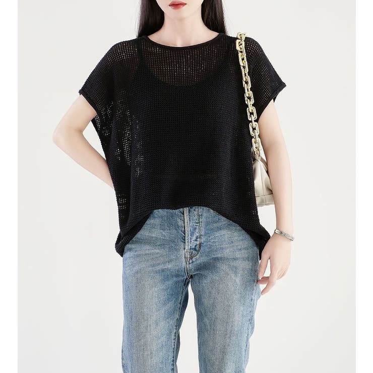 シンプルクルーネック半袖無地透かし編みニットトップス | Ulysses | 詳細画像5 